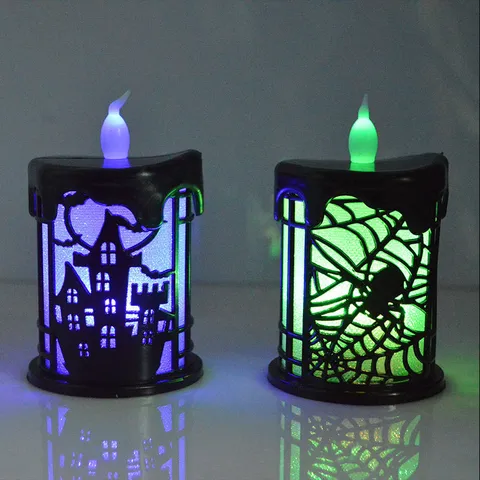 Halloween LED Candle Light Flameless Battery Operated Tea Light With Castle Spider Web Pattern For Party Home Decoration