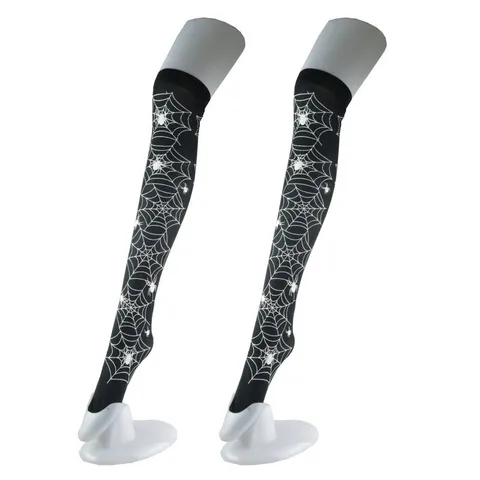 Damen Halloween Sexy Schwarze Überknie-Strümpfe Spinnennetz-Druck Lange Socken Für Kostüm Party Deko
