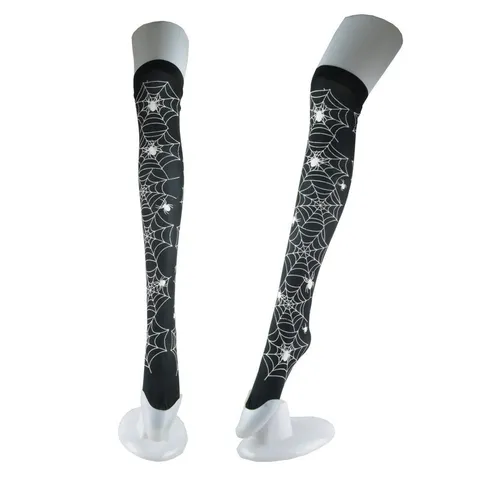 Damen Halloween Sexy Schwarze Überknie-Strümpfe Spinnennetz-Druck Lange Socken Für Kostüm Party Deko