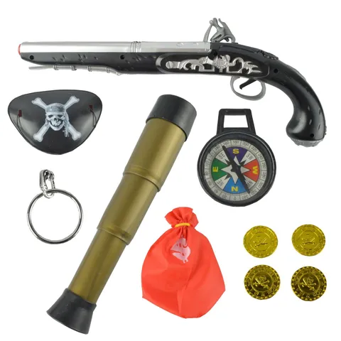 Ensemble d'Accessoires de Déguisement de Pirate pour Enfants Pistolet Télescope Cache-Œil Boussole Pièces d'Or Pochette Boucle d'Oreille Fête d'Halloween