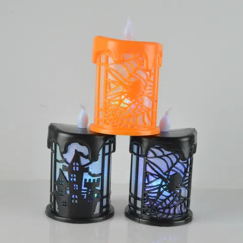 Halloween LED Candle Light Flameless Battery Operated Tea Light With Castle Spider Web Pattern For Party Home Decoration