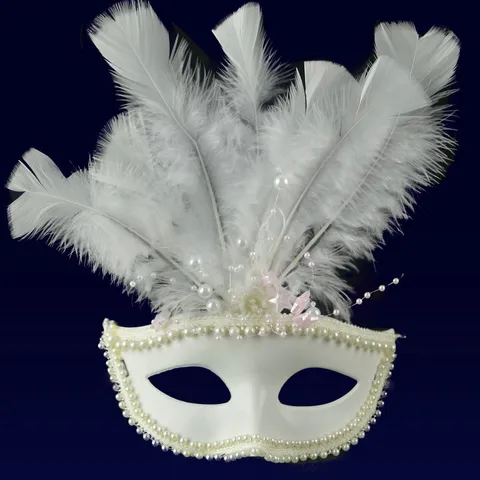 Máscara de Mascarada de Plumas Blancas para Mujer Máscara de Fiesta Veneciana con Perla Artificial Gema Azul Estilo Tribal para Baile Festival