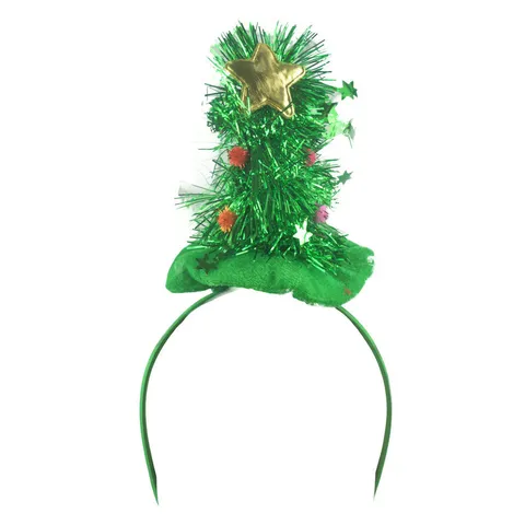 Green Christmas Tree Headband Festive Party Hair Accessory Gold Star Tinsel Pom Pom Decoration Holiday Xmas Head Hoop