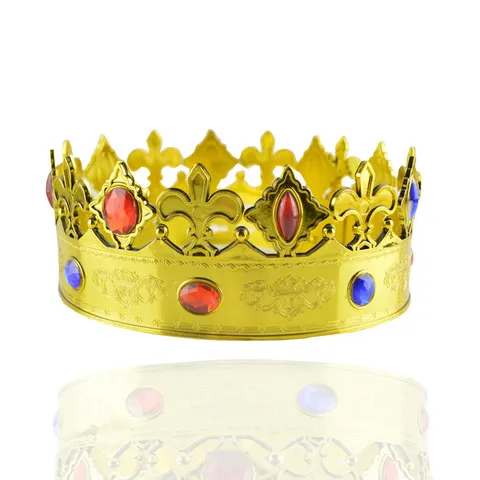 Corona d'Oro Vintage per Re Principe Costumi da Festa Oggetti di Scena Diadema Reale in Plastica Galvanica Strass Orecchiette per Uomo Donna