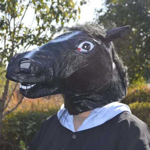 Masque Drôle Tête De Cheval En Vinyle Crinière En Peluche Réaliste Masque Intégral Costume Pour Halloween Cosplay Fête