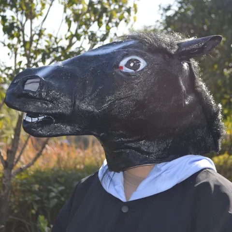 Masque Drôle Tête De Cheval En Vinyle Crinière En Peluche Réaliste Masque Intégral Costume Pour Halloween Cosplay Fête