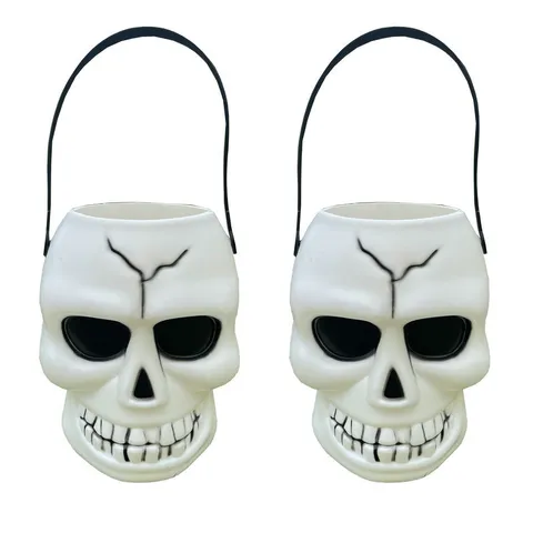 Halloween Totenkopf Eimer Kunststoff Weiß Geisterkopf Dose LED Leuchtender Skelett Süßigkeiten Eimer Für Party Deko Geschenk