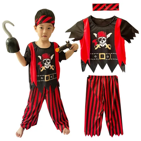 Conjunto de Disfraz de Pirata para Niños Con Top de Poliéster Pantalones Diadema para Halloween Fiesta del Día del Niño Disfraz