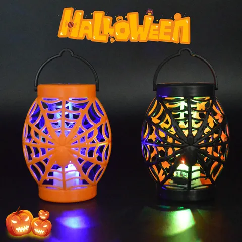 Halloween LED Kleurrijke Spinnenweb Lantaarn Oranje Zwart Plastic Holle Spin Lantaarn Voor Huis Buiten Feest Decoratie