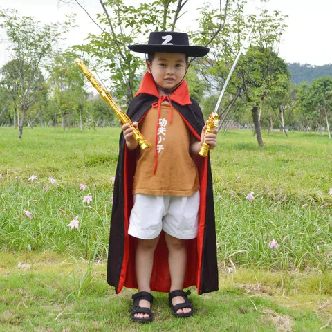 Kids Knight Costume Zorro Roleplay Set With Red Black Cloak Hat Mask Toy Sword For Halloween Party Performance Children Costume