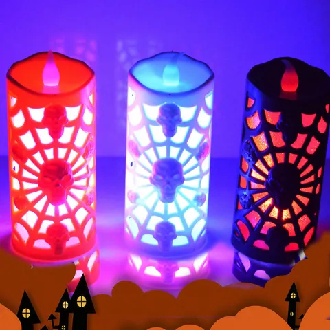 Halloween Bougie LED Lumière Plastique Ajouré Toile d Araignée Crâne Électronique Décorative Colorée Clignotante Lampe Pour Fête