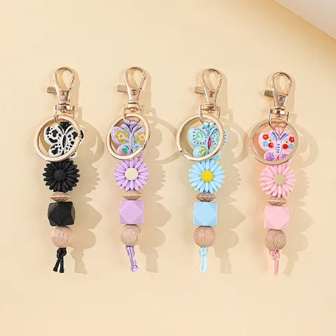 Silicone Bead Wristlet Keychain Daisy Butterfly Flower Tassel Bangle Key Ring For Women Girls Bag Pendant Accessories