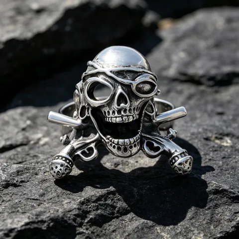 Vintage Titanium Steel Skull Cross Guns Pirate Ring For Men Gothic Punk Biker Jewelry Distressed Silver Color Finger Band