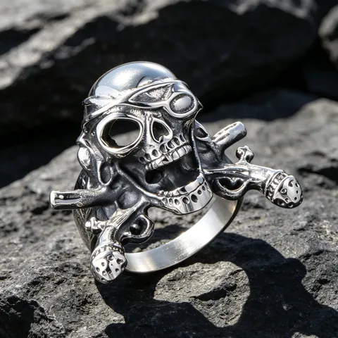 Vintage Titanium Steel Skull Cross Guns Pirate Ring For Men Gothic Punk Biker Jewelry Distressed Silver Color Finger Band