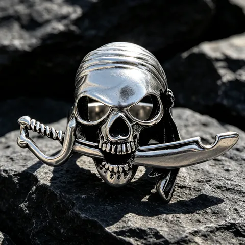 Vintage Pirate Skull Ring With Cutlass Titanium Steel Men Punk Gothic Biker Ring Retro Bandana Skull Jewelry Fashion Ring