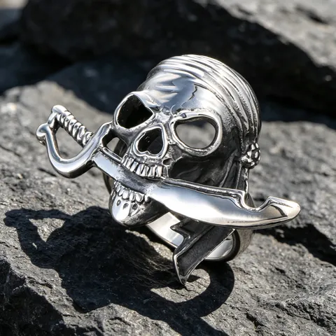 Vintage Pirate Skull Ring With Cutlass Titanium Steel Men Punk Gothic Biker Ring Retro Bandana Skull Jewelry Fashion Ring