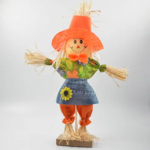 Thanksgiving Scarecrow Ornament Straw Fabric Couple Doll Table Desktop Decoration Harvest Festival Autumn Party Decor With Wooden Base