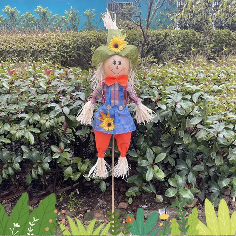 Halloween Decoration Pastoral Scarecrow Doll Ornaments With Wooden Pole Cute Pumpkin Smile Face Burlap Figure Layout Props For Home Bar Garden Party Decor