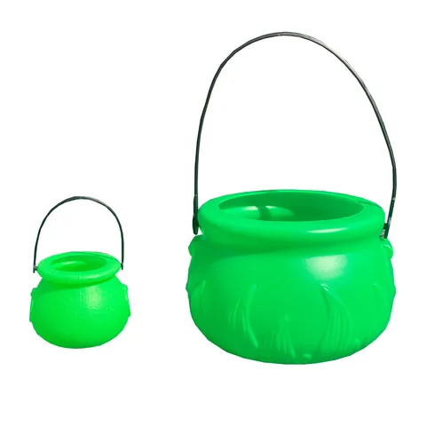 Green Witch Cauldron St. Patrick's Day Plastic Flame Bucket Candy Pot With Handle Irish Festival Party Decor Ornament
