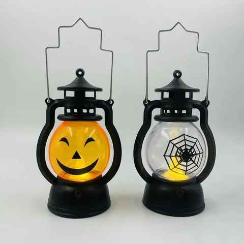 Halloween Glowing Kerosene Lamp Vintage Pumpkin Lantern Spiderweb Pattern LED Night Light Decorative Hanging Pendant Prop for Bar Party Home Decor
