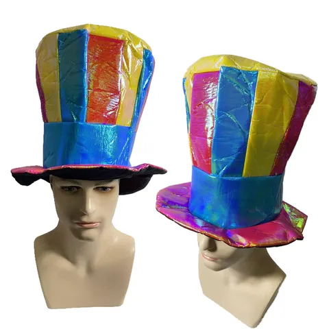 Iridescent Striped Tall Top Hat Colorful Magician Clown Hat Festival Party Costume Headwear Unisex Fancy Dress