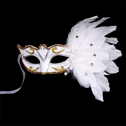 Máscara de Plumas de Mascarilla de Halloween Máscara de Fiesta de Princesa Pintada de Encaje Veneciano con Decoración de Perlas de Diamantes de Imitación