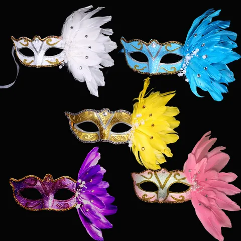 Máscara de Plumas de Mascarilla de Halloween Máscara de Fiesta de Princesa Pintada de Encaje Veneciano con Decoración de Perlas de Diamantes de Imitación