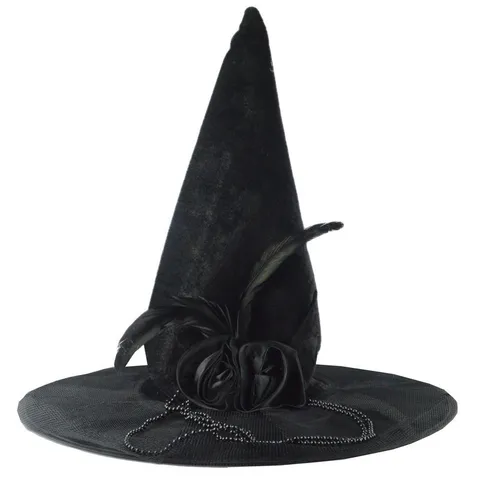 Cappello da Strega Mago di Halloween in Velluto Con Rosa Piuma Catena Accessori per Travestimento da Maga Gotica Copricapo per Spettacolo