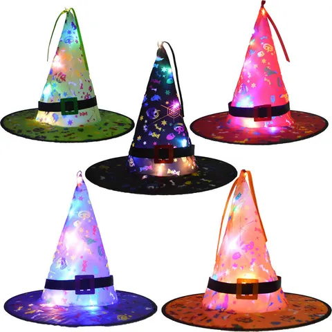Halloween LED Chapeau de Sorcière Lumineux Fantôme Chauve-souris Toile d'Araignée Costume de Fête Couvre-chef Décoration de Fête Accessoire