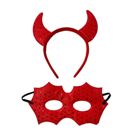 Halloween Red Devil Horn Headband And Sequin Bat Mask Set Costume Party Hair Accessories Festival Cosplay Props