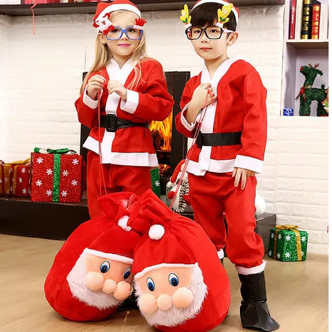 Enfants Noël Père Noël Costume Ensemble Tissu Non Tissé Rouge Vacances Fête Tenue Avec Chapeau Pantalon Ceinture Pour Garçons Filles