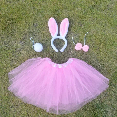 Pink Rabbit Ear Headband Bow Tail And Mesh Tutu Skirt Set For Holiday Party Costume Dress Up Cosplay Accessories