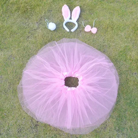 Pink Rabbit Ear Headband Bow Tail And Mesh Tutu Skirt Set For Holiday Party Costume Dress Up Cosplay Accessories