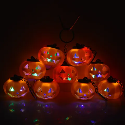 Halloween LED Light Up Pumpkin Keychain Pendant Colorful Glowing Jack O Lantern Hanging Ornament Party Decoration Favors Gift
