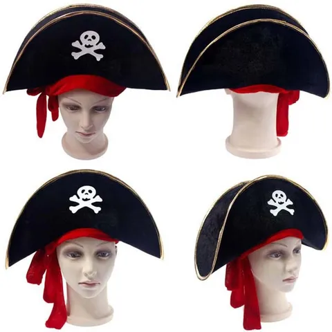 Halloween Pirate Hat Velvet Black Gold Trim Red Ribbon Skull Costume Prop Party Cosplay Hat For Adults Unisex Performance