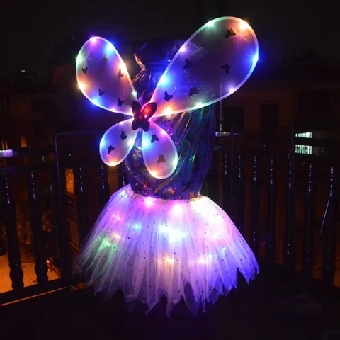 Kids LED Luminous Butterfly Wings Net Yarn Skirt Costume Set Children Holiday Party Stage Performance Props