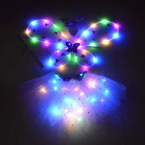 Kids LED Luminous Butterfly Wings Net Yarn Skirt Costume Set Children Holiday Party Stage Performance Props