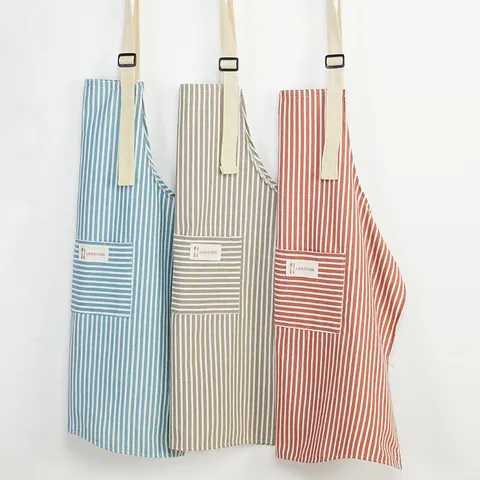 Tablier de Cuisine en Coton et Lin Imperméable Anti-Huile Rayé Tablier de Cuisine de Chef Avec Poches Tabliers à Bavoir Réglables Pour Femmes