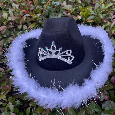 Black Felt Western Cowboy Hat With White Feather Trim Rhinestone Crown Sequin Decorative Stage Prop Hat For Party Performance