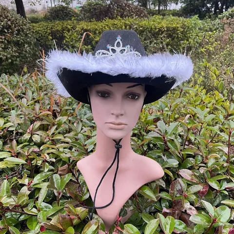 Black Felt Western Cowboy Hat With White Feather Trim Rhinestone Crown Sequin Decorative Stage Prop Hat For Party Performance