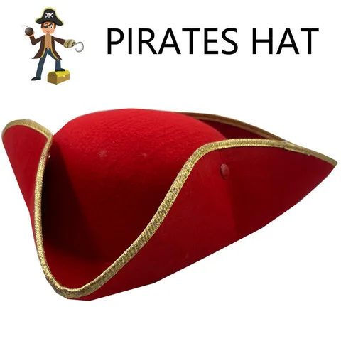 Red Pirate Captain Hat For Adults Kids Halloween Cosplay Party Costume Props Tricorn Hat Gold Trim Decoration
