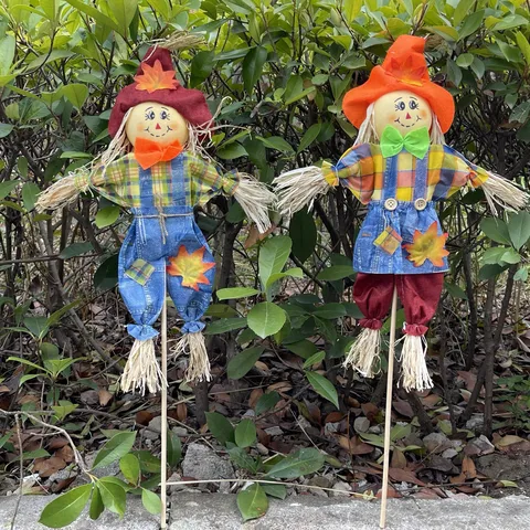 Halloween Scarecrow Decoration Standing Straw Doll Handmade Fabric Garden Yard Ornament Party Setup Prop