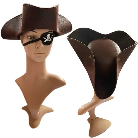 Vintage PU Leather Tricorn Pirate Hat With Metal Studs Skull Eye Patch Costume Prop For Halloween Party Masquerade