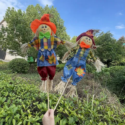 Halloween Scarecrow Decoration Standing Straw Doll Handmade Fabric Garden Yard Ornament Party Setup Prop