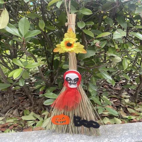 Halloween Witch Broom Decoration Skull Pumpkin Bat Props Party Hanging Ornament Spooky Festival Atmosphere Decor