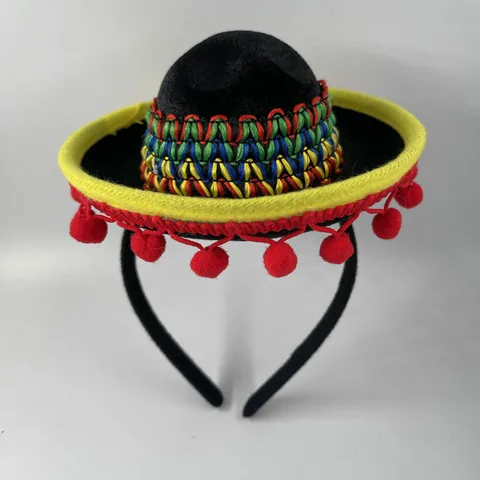 Cerchietto con Cappello Sombrero Messicano Mini Cappello di Paglia con Bordo Intrecciato Colorato Pompon Rossi Accessorio per Festa