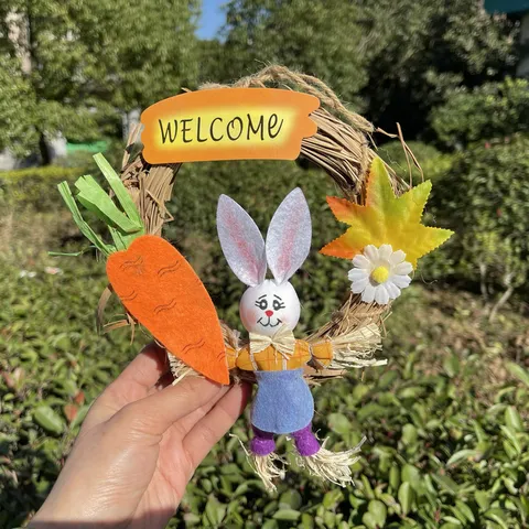 Osterhase Kranz Anhänger Nordischer Stil Gewebter Kaninchen Karotte Hängendes Ornament Für Zuhause Frühlingsfest Party Deko