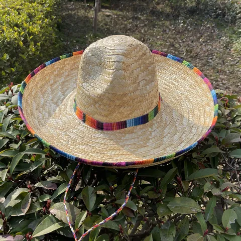 Adult Mexican Sombrero Hat Natural Straw Woven Colorful Trim For Halloween Carnival Party Performance Cosplay Prop Decoration