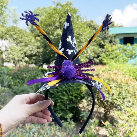 Halloween Witch Hat Headband Spider Skull Print Party Hair Hoop Cosplay Costume Dress Up Hair Accessories
