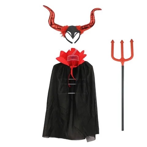 Halloween Στολή Κάπα Βρικόλακα για Παιδιά Μαύρο Κόκκινο Μανδύας Διαβόλου Κέρατα Διαβόλου Στέκα Τρίαινα Αξεσουάρ Cosplay Ύφασμα Πλαστικό